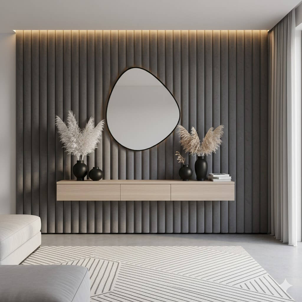 kárpitozott falpanel barna beige színben egy nappaliban 