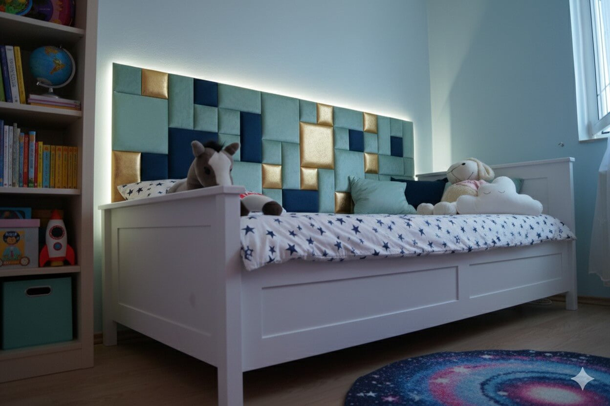 Kerma Design által készített színes műbőr falvédő műbőr falpanelekből egy gyerekszobában