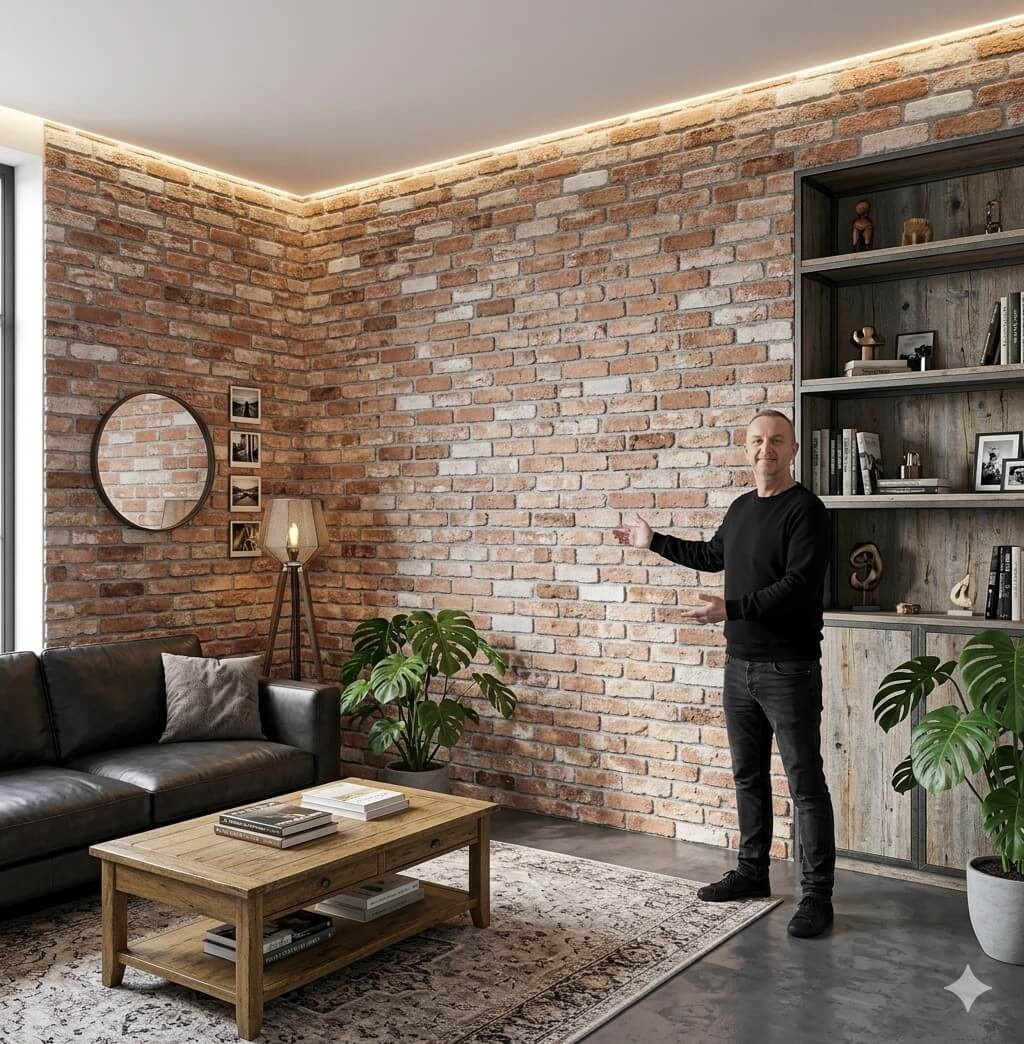 Nappaliban felrakott téglamintás falpanel