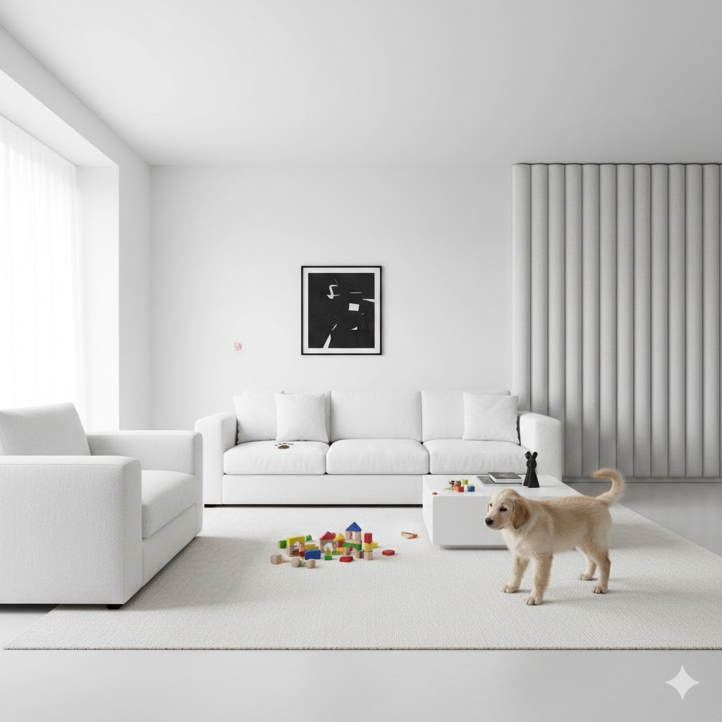 Egy makulátlanul fehér nappali, ahol egy kutya játszik szétszórt játékokkal, ami rávilágít a fehér terek kihívásaira háziállatokkal és gyerekekkel. A háttérben egy kárpitozott falpanel finom textúrájával töri meg a sterilitást.