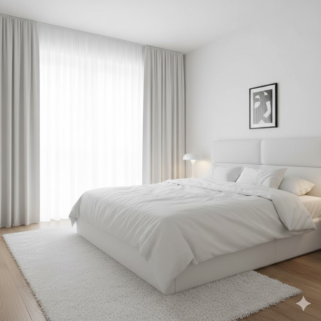 Modern hálószoba fehér színű fallal és kiegészítőkkel