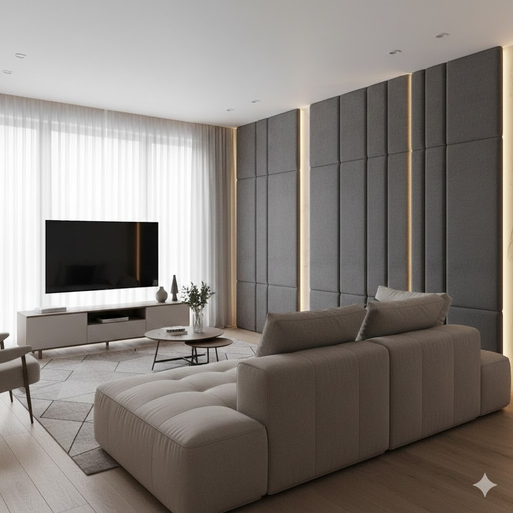 hangszigetelő falpanelek egy világos nappaliban, az előtérben egy világos ülőgarnitúra
