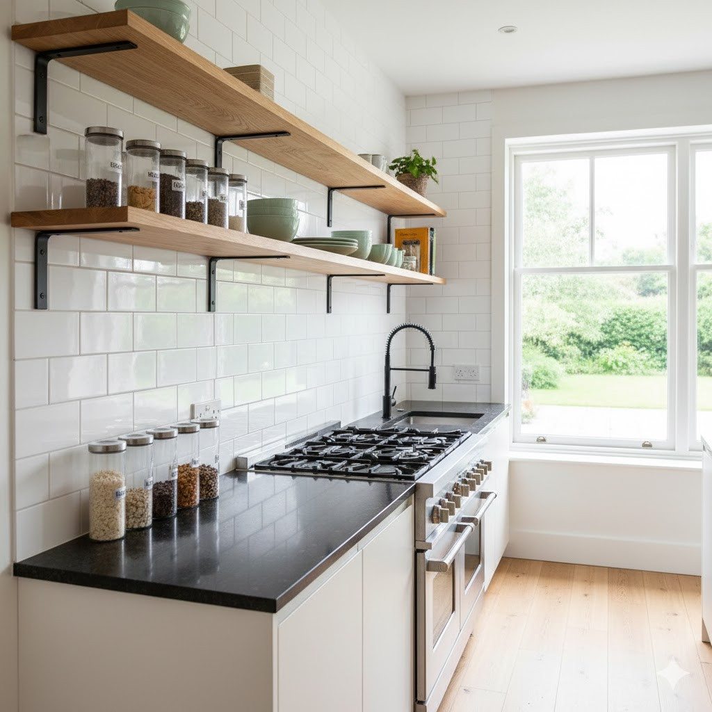 Konyha design nyitott polcokkal
