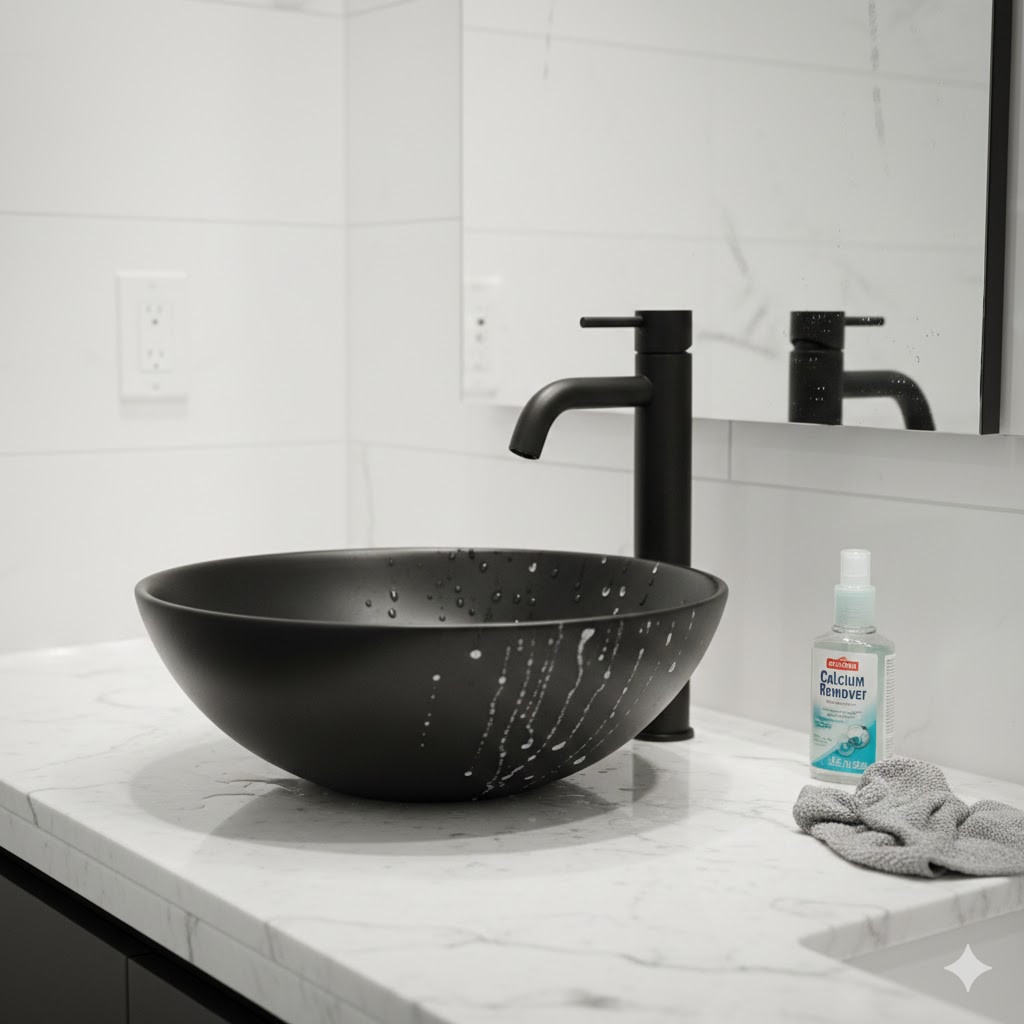 Egy elegáns, matt fekete csaptelep és mosdótál, melyen jól láthatóak a vízkőlerakódások, és mellette egy vízkőoldó spray áll. Ez vizuálisan erősíti a cikkben leírt karbantartási kihívásokat.