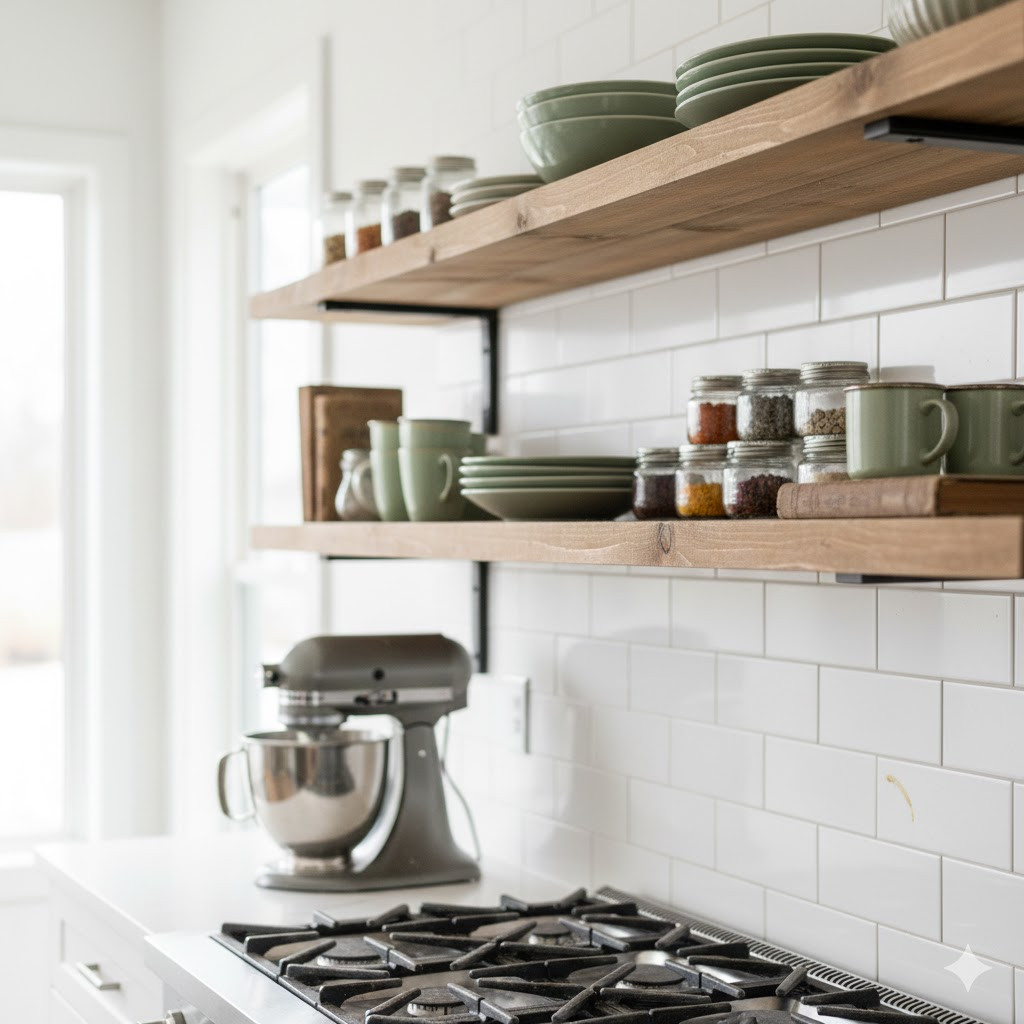 Egy stílusos konyha nyitott polcokkal, ahol szépen rendezett tányérok, fűszertartók láthatók, de egy enyhe sárgás folt (zsírcsepp) is felfedezhető a csempe és a polc környékén, utalva a tisztántartás kihívására.