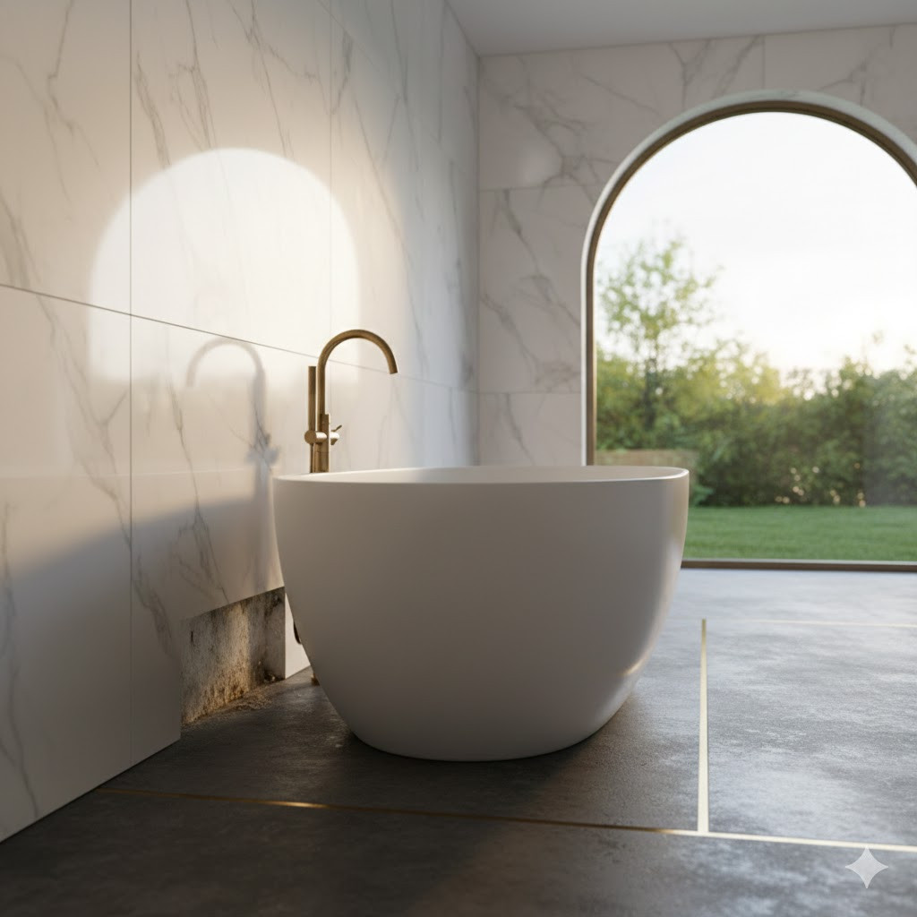 Egy gyönyörű, szabadon álló kád egy modern, világos fürdőszobában, ablak előtt, de a kád mögött a fal és a padló találkozásánál enyhe penészesedés látható. Ez a kép a nehézkes takarításra és a nedvesség okozta problémákra hívja fel a figyelmet.