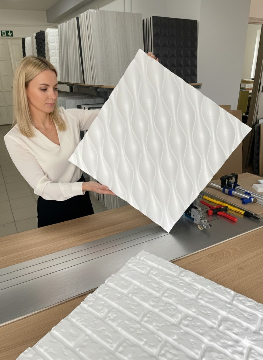 MyWall polisztirol fehér festhető falburkolat egy szőke hölgy kezében