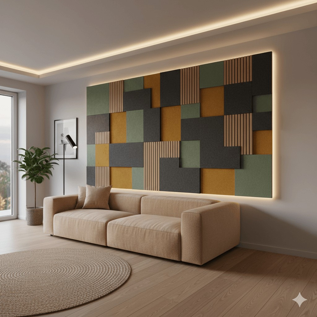 Nappaliban egy kanapé mögött is jól mutatnak az akusztikus falpanelek