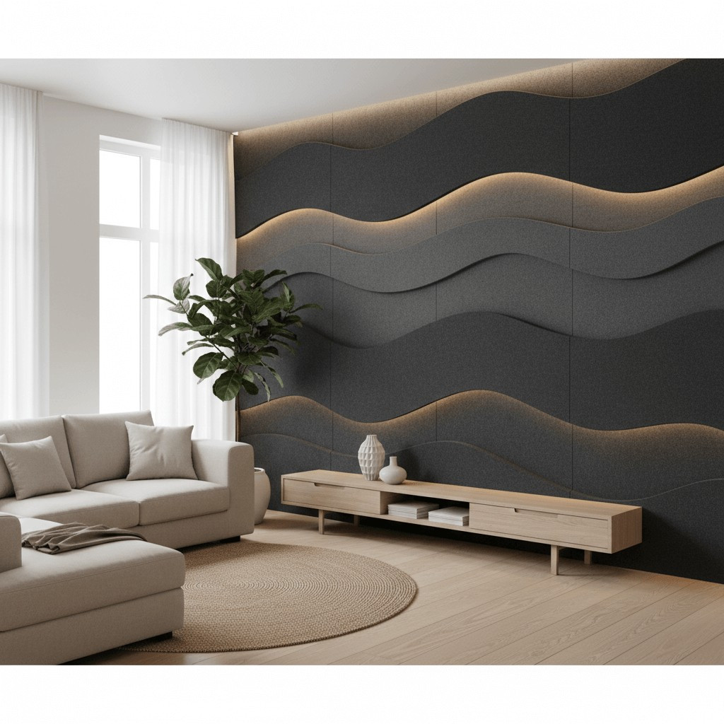 Hullámos mintákból is készülhetnek akusztikus falpanelek, mint ezen a nappaliban is látható