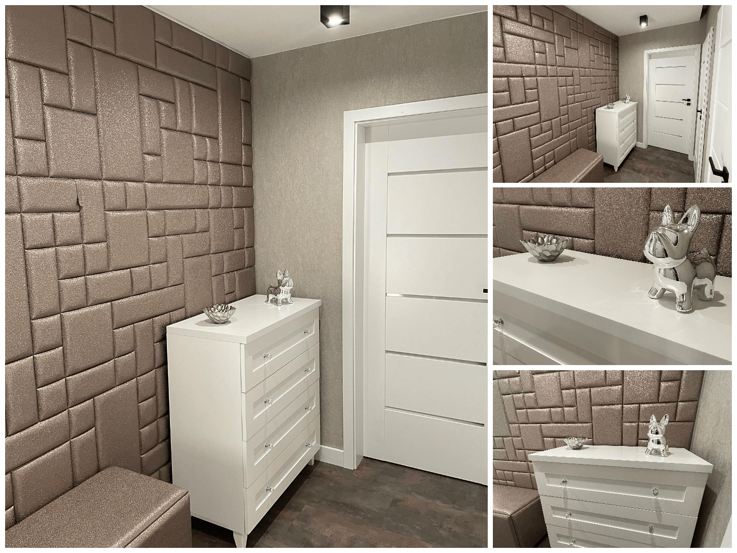 modern előszoba Kerma műbőr falpanelekkel és egy fehér komód