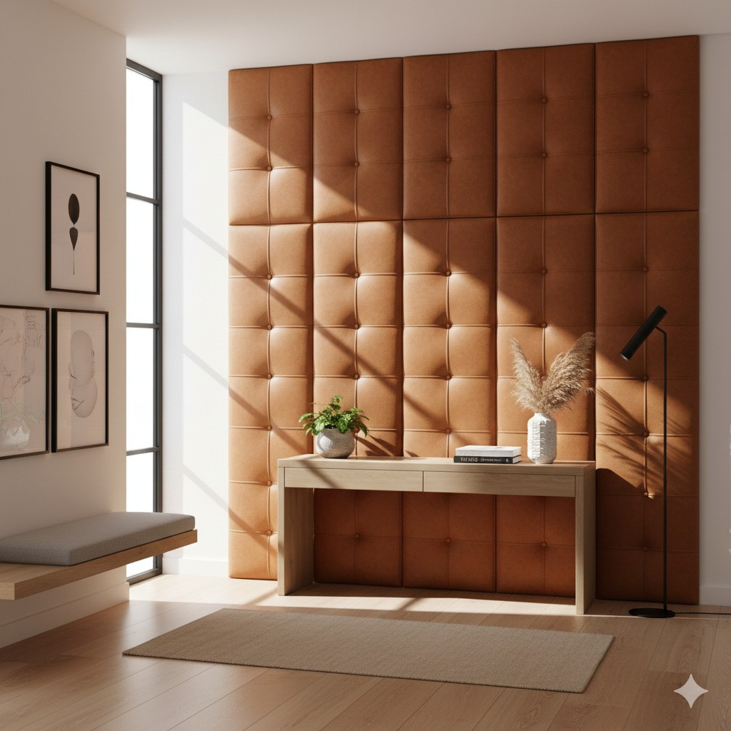 Műbőr falpanelek előszobában barna színben 