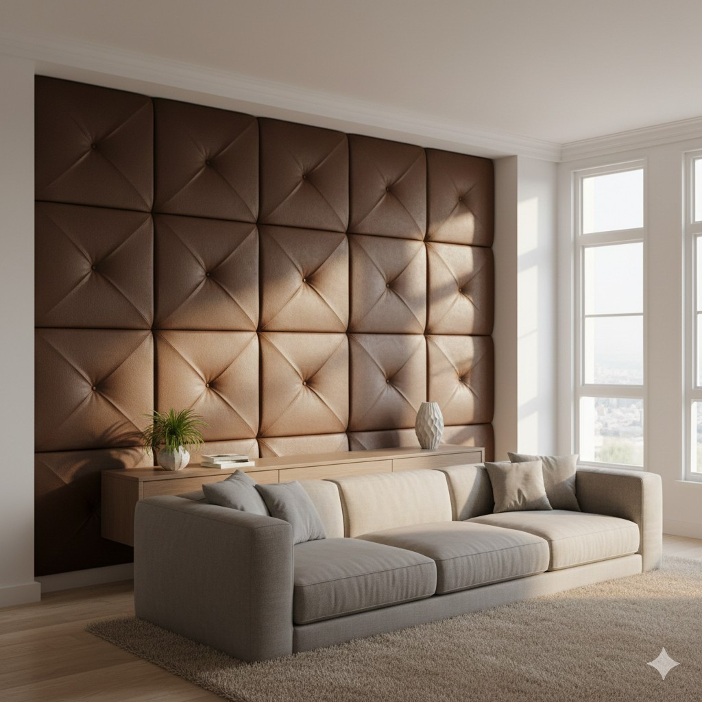 Elegáns nappali barna műbőr falpanelekkel a hidrolízis megelőzése érdekében