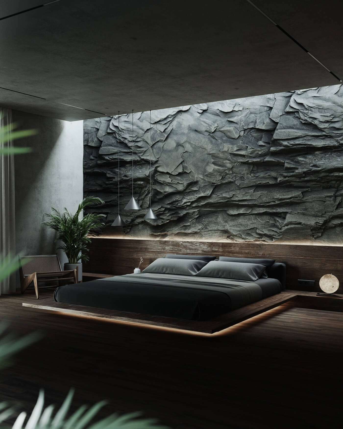 modern ágyvég faldekoráció kőmintás falpanelekből