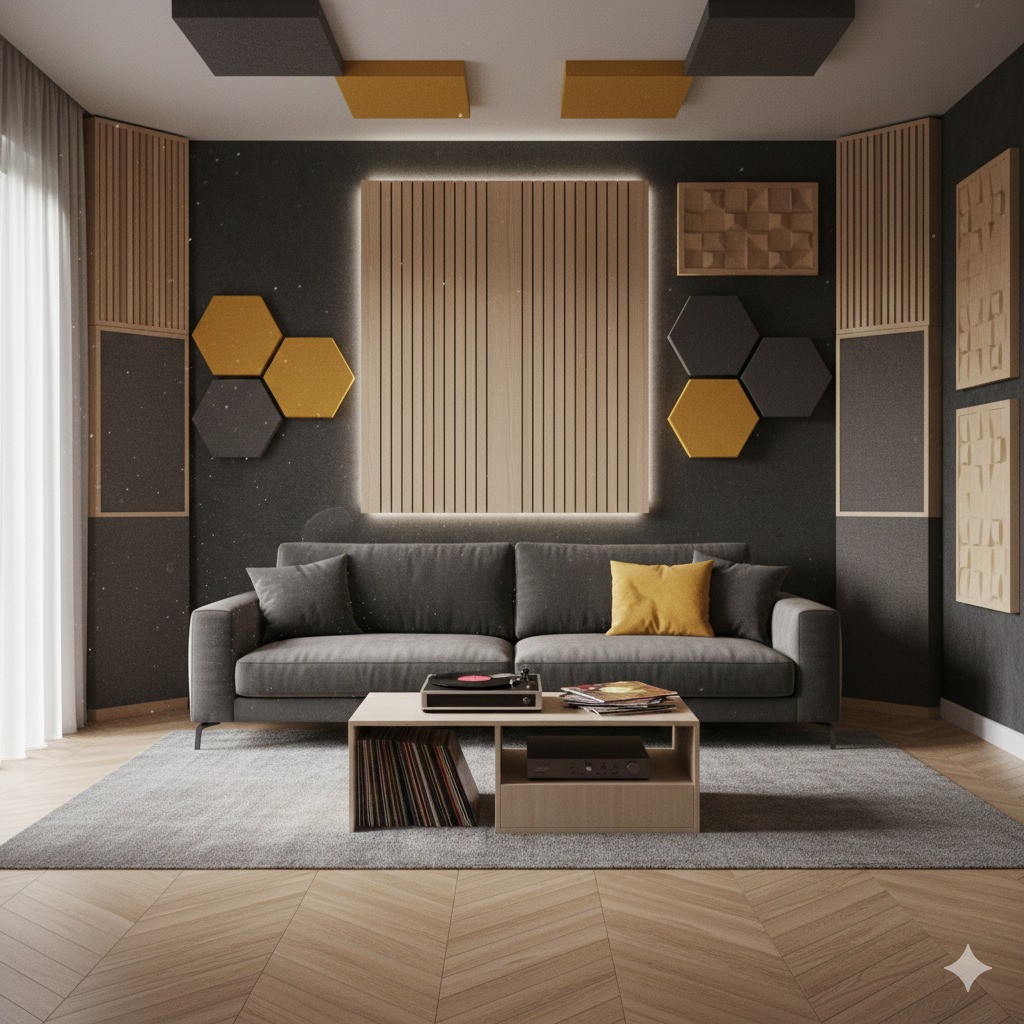 Akusztikus falpanelek egy nappaliban AI kép