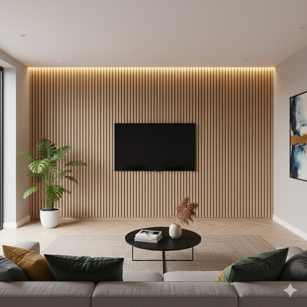 Lamella falburkoló panelek nappaliban, famintás design 