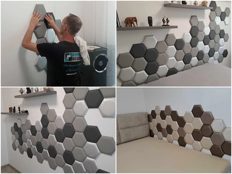 Hexagon alakú KERMA műbőr falpanelekből készült falvédő faldekoráció