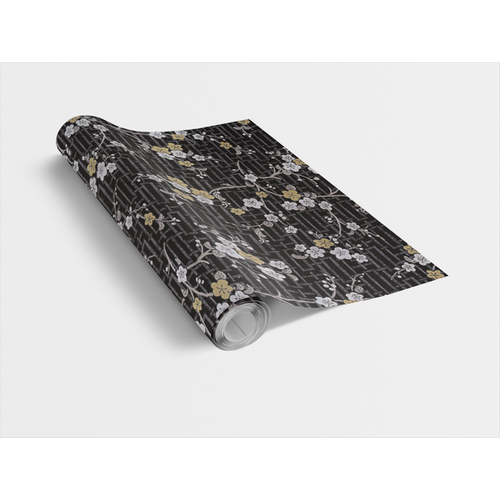 ORIENTAL BLOSSOM / fekete ezüst keleti virág 45cm x 15m öntapadós tapéta