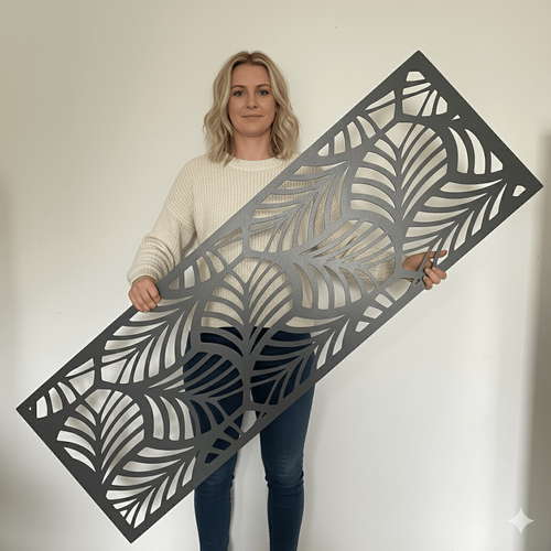 Fali dekorpanel, trópusi levél minta, 50x150 cm, 3 mm HDF - FP1 Antracit