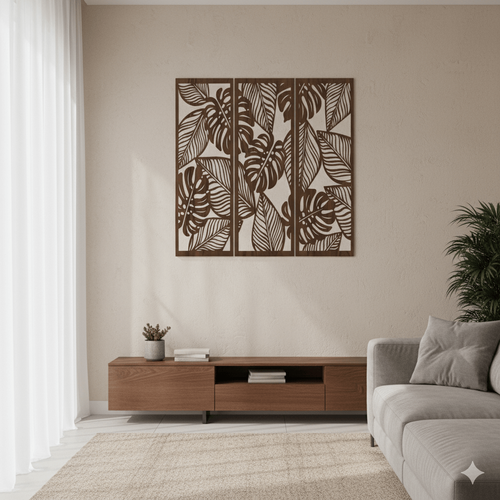 Fali dekorpanel szett, pálmalevél minta, 50x150 cm x 3 darab, 3 mm HDF - FPD-14 fa Dió falburkolat