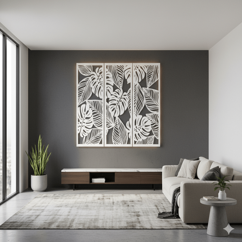 Fali dekorpanel szett, pálmalevél minta, 50x150 cm x 3 darab, 3 mm HDF - FPD-14 fa Fehér falburkolat Fali dekorpanel szett, pálmalevél minta, 50x150 cm x 3 darab, 3 mm HDF - FPD-14 fa Fehér falburkolat