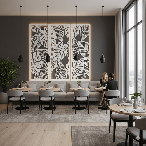 Fali dekorpanel szett, pálmalevél minta, 50x150 cm x 3 darab, 3 mm HDF - FPD-14 fa Fehér falburkolat Fali dekorpanel szett, pálmalevél minta, 50x150 cm x 3 darab, 3 mm HDF - FPD-14 fa Fehér falburkolat