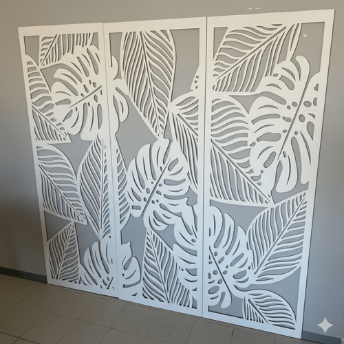 Fali dekorpanel szett, pálmalevél minta, 50x150 cm x 3 darab, 3 mm HDF - FPD-14 fa Fehér falburkolat Fali dekorpanel szett, pálmalevél minta, 50x150 cm x 3 darab, 3 mm HDF - FPD-14 fa Fehér falburkolat