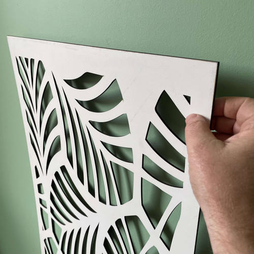 Fali dekorpanel, trópusi levél minta, 50x150 cm, 3 mm HDF - FP1 Fehér falburkolat