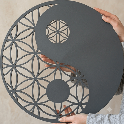 Fali dekoráció Zen Wood – Jing-Jang mintás, lézervágott kör alakú HDF fa falikép, 50 cm antracit