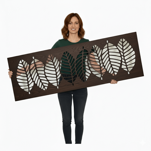 Fali dekorpanel, levél minta, 50x150 cm, 3 mm HDF - FP3 dió fa falburkolat