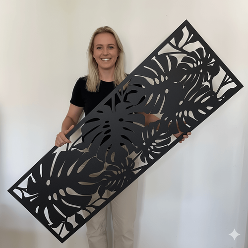 Fali dekorpanel, pálmalevél minta, 50x150 cm, 3 mm HDF - FP9 fa fekete falburkolat