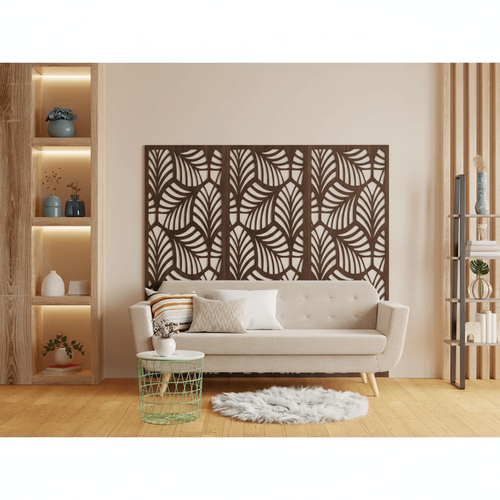 Fali dekorpanel, trópusi levél minta, 50x150 cm, 3 mm HDF - FP1 dió fa színű falburkolat