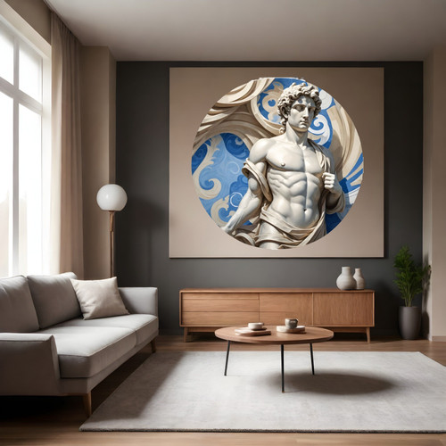 Öntapadós kör alakú poszter tapéta, férfi szobor, görög, beige és kék 120x120 cm Öntapadós kör alakú poszter tapéta, férfi szobor, görög, beige és kék 120x120 cm