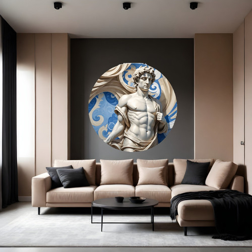 Öntapadós kör alakú poszter tapéta, férfi szobor, görög, beige és kék 120x120 cm Öntapadós kör alakú poszter tapéta, férfi szobor, görög, beige és kék 120x120 cm
