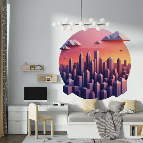 Öntapadós kör alakú poszter tapéta, naplemente, város, felhőkarcolók 120x120 cm Öntapadós kör alakú poszter tapéta, naplemente, város, felhőkarcolók 120x120 cm