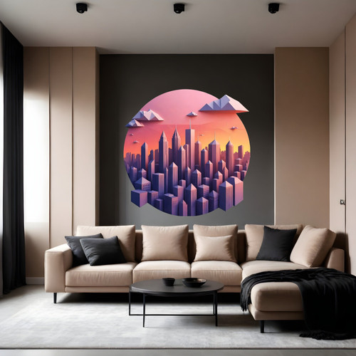 Öntapadós kör alakú poszter tapéta, naplemente, város, felhőkarcolók 120x120 cm Öntapadós kör alakú poszter tapéta, naplemente, város, felhőkarcolók 120x120 cm