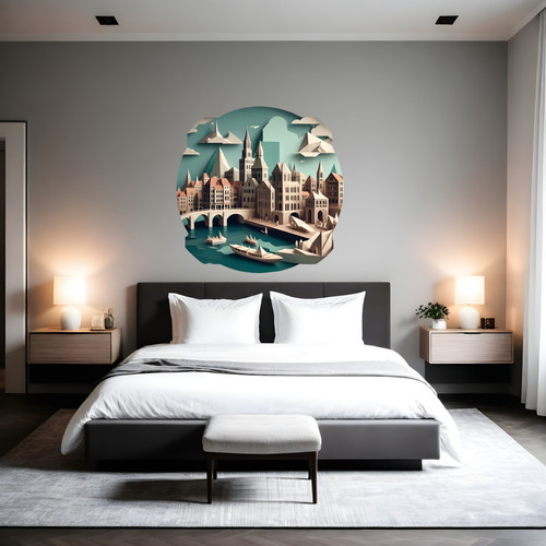 Öntapadós kör alakú poszter tapéta, középkori város, híd, hajók, kikötő 120x120 cm Öntapadós kör alakú poszter tapéta, középkori város, híd, hajók, kikötő 120x120 cm