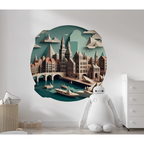 Öntapadós kör alakú poszter tapéta, középkori város, híd, hajók, kikötő 120x120 cm Öntapadós kör alakú poszter tapéta, középkori város, híd, hajók, kikötő 120x120 cm