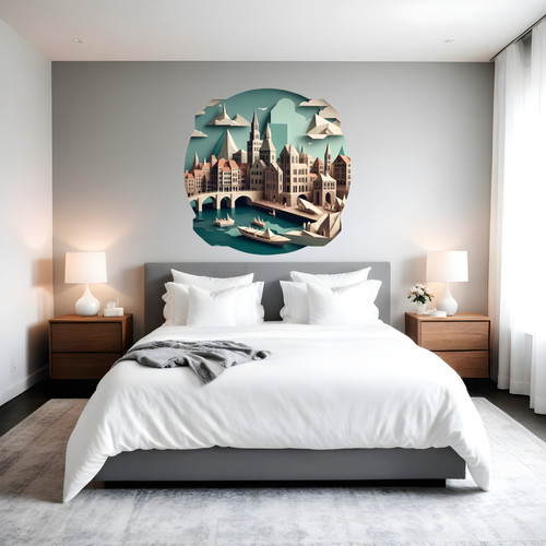 Öntapadós kör alakú poszter tapéta, középkori város, híd, hajók, kikötő 120x120 cm Öntapadós kör alakú poszter tapéta, középkori város, híd, hajók, kikötő 120x120 cm