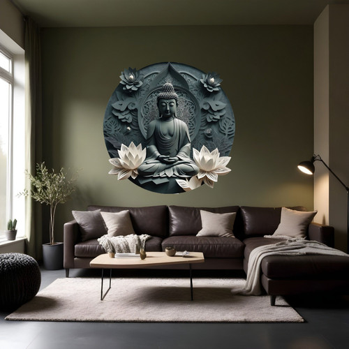 Öntapadós kör alakú poszter tapéta, Buddha szobor, lótusz virág, zöld 120x120 cm Öntapadós kör alakú poszter tapéta, Buddha szobor, lótusz virág, zöld 120x120 cm