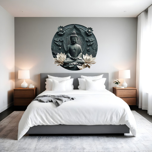 Öntapadós kör alakú poszter tapéta, Buddha szobor, lótusz virág, zöld 120x120 cm Öntapadós kör alakú poszter tapéta, Buddha szobor, lótusz virág, zöld 120x120 cm