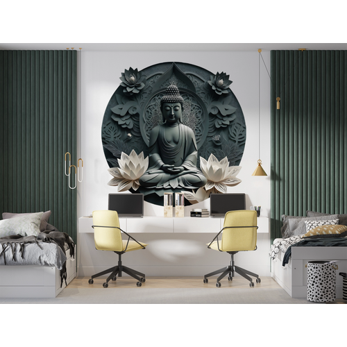 Öntapadós kör alakú poszter tapéta, Buddha szobor, lótusz virág, zöld 120x120 cm Öntapadós kör alakú poszter tapéta, Buddha szobor, lótusz virág, zöld 120x120 cm