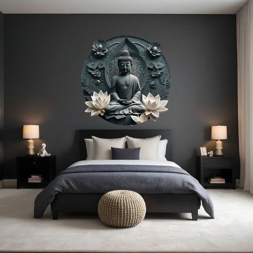 Öntapadós kör alakú poszter tapéta, Buddha szobor, lótusz virág, zöld 120x120 cm Öntapadós kör alakú poszter tapéta, Buddha szobor, lótusz virág, zöld 120x120 cm