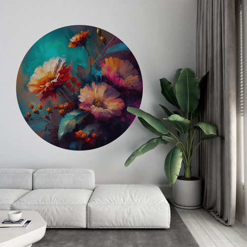 Öntapadós kör alakú poszter tapéta, virág csendélet, kék, narancs 120x120 cm Öntapadós kör alakú poszter tapéta, virág csendélet, kék, narancs 120x120 cm