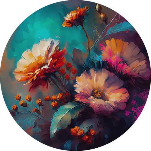 Öntapadós kör alakú poszter tapéta, virág csendélet, kék, narancs  120x120 cm 